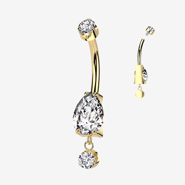 Implant Grade Titanium Golden Teardrop Sparkle Dangle Internally Threaded Belly Button Ring-Clear Gem